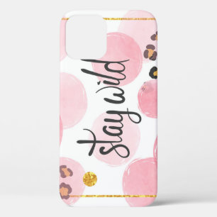 Stay wild, leopard print, pink circles iPhone 12 case