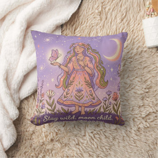 Stay Wild Moon Child Celestial Boho Throw Pillow —