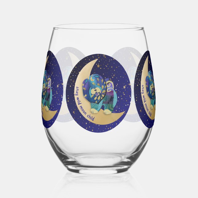 STAY WILD MOON CHILD Chow dog stemless wine glass (Left)