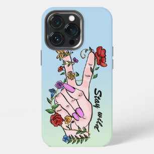 Stay wild peace sign fingers flowers blue ombre iPhone 13 pro case