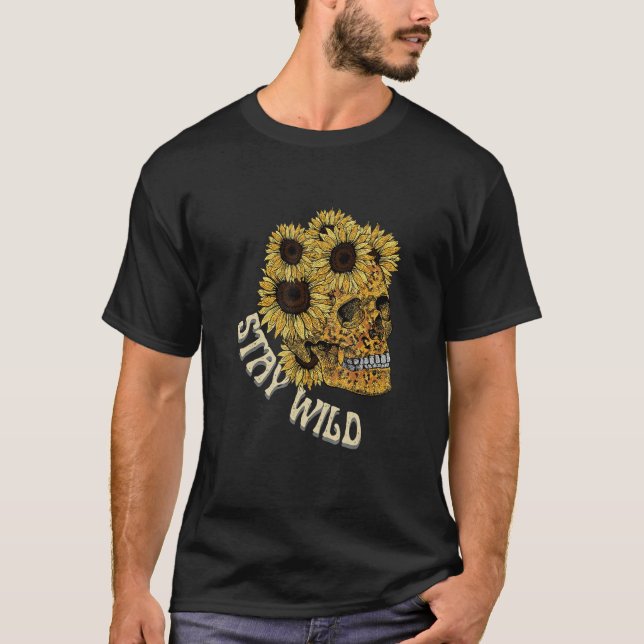 Stay Wild Sunflower Skull Leopard Western Retro Bo T-Shirt (Front)