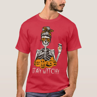 Stay Witchy Skeleton Drinking Messy Bun Leopard Ha T-Shirt