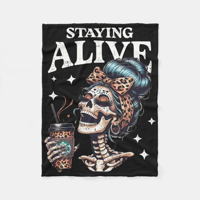 Staying Alive Skeleton Halloween Leopard Messy Bun Fleece Blanket (Front)