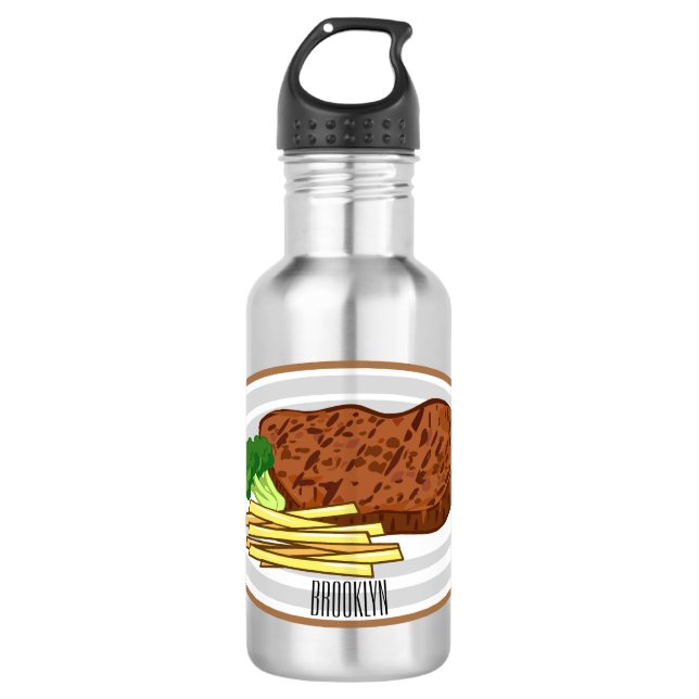 Steak cartoon illustration 532 ml water bottle (Front)