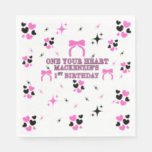 STEAL HEARTS PINK BLACK 6.5" GIRLS 1ST BIRTHDAY NAPKIN