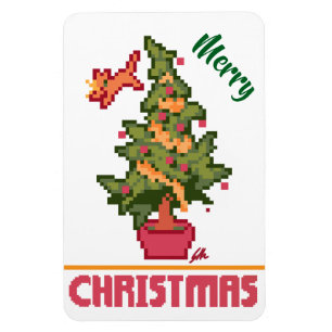 stealing cat, tree, Pixel Art, Merry Christmas  Magnet
