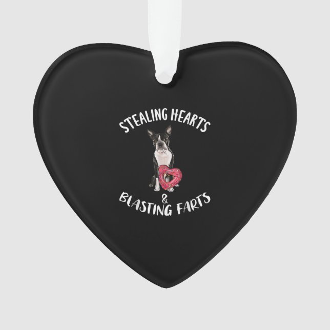 Stealing Hearts Blasting Farts Boston Terrier Ornament (Front)
