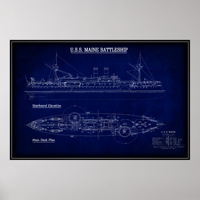 Steam Battleship USS MAINE Blueprint 1894 Poster (Front)