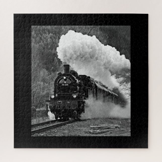 Steam engine locomotive black white train forest jigsaw puzzle (Vertical)