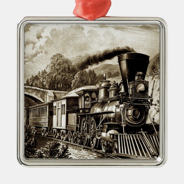 Steam engine locomotive history metal tree decoration (Front)