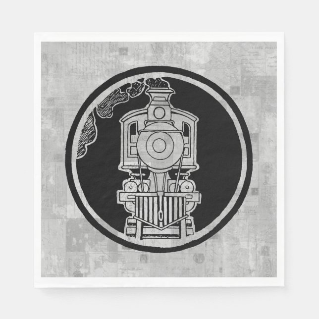 Steam Engine Locomotive Train Illustrated w Stamps Napkin (Front)