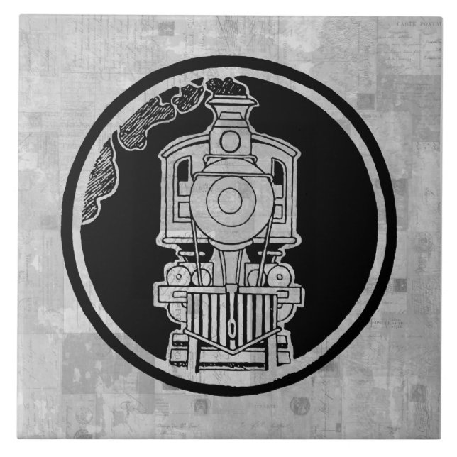 Steam Engine Locomotive Train Illustrated w Stamps Tile (Front)