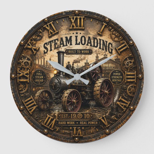 Steam Engine Vintage Steampunk Tractor Large Clock (Front)