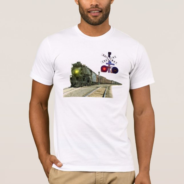 Steam Locomotive And Railroad Crossing Signals T-Shirt (Front)