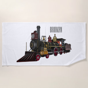Steam locomotive cartoon illustration beach towel