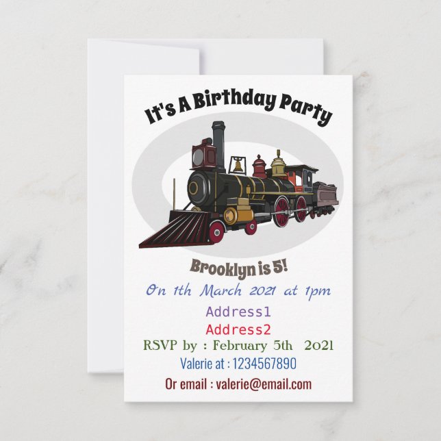 Steam locomotive cartoon illustration invitation (Front)