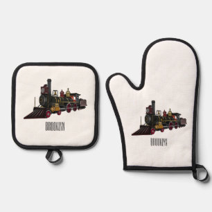 Steam locomotive cartoon illustration  oven mitt & pot holder set
