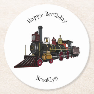 Steam locomotive cartoon illustration round paper coaster