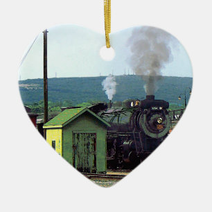 Steam Locomotive Coming into Train Yard Ceramic Tree Decoration