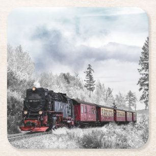 Steam Locomotive Train Travelling Through the Snow Square Paper Coaster