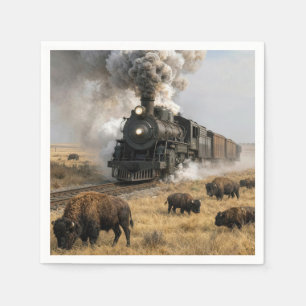 Steam Locomotive with Grazing Buffalo Napkin