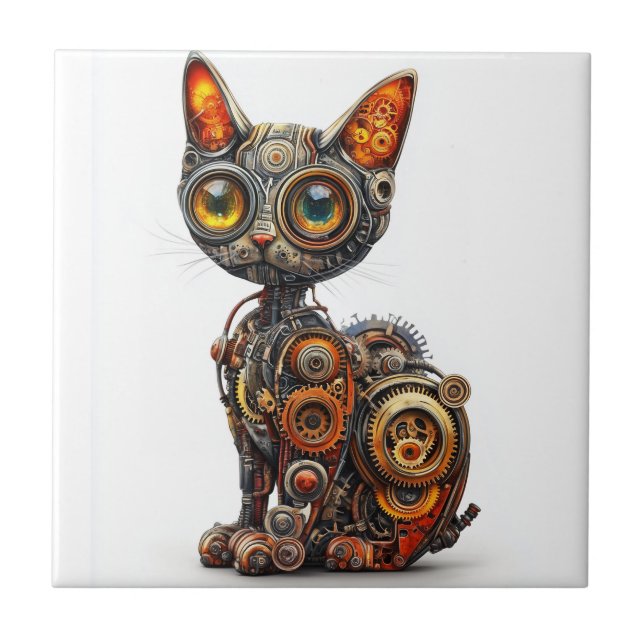 Steam Powered Purr � Steampunk Robot Cat Tile (Front)
