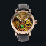 STEAM PUNK ANGEL GEARS ,MECHANISM AND GEMSTONES WATCH<br><div class="desc">Steam punk design with a romantic winged angel green Shamrock and arrow with 3D pink gem stones, </div>