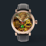 STEAM PUNK ANGEL GEARS ,MECHANISM AND GEMSTONES WATCH<br><div class="desc">Steam punk design with a romantic winged angel green Shamrock and arrow with 3D pink gem stones, </div>