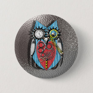 Steam Punk Funny Mechanical Owl  Red Blue 6 Cm Round Badge