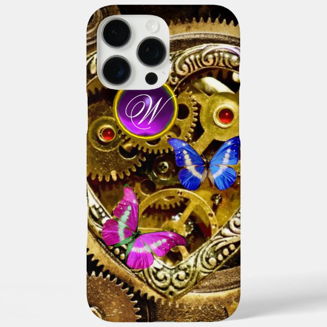 STEAM PUNK GEARS ,GEMSTONES, BUTTERFLIES MONOGRAM Case-Mate iPhone CASE (Back)