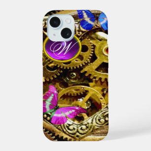 STEAM PUNK GEARS ,GEMSTONES, BUTTERFLIES MONOGRAM iPhone 15 CASE