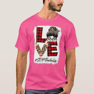 Steam Teacher Love Messy Bun Leopard Buffalo Back T-Shirt