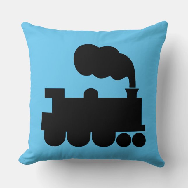 Steam Train  - Black on Blue 5ec5f3 Cushion (Front)