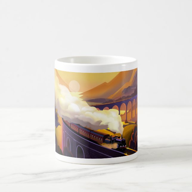 Steam train crossing bridge in Scotland. Coffee Mug (Center)