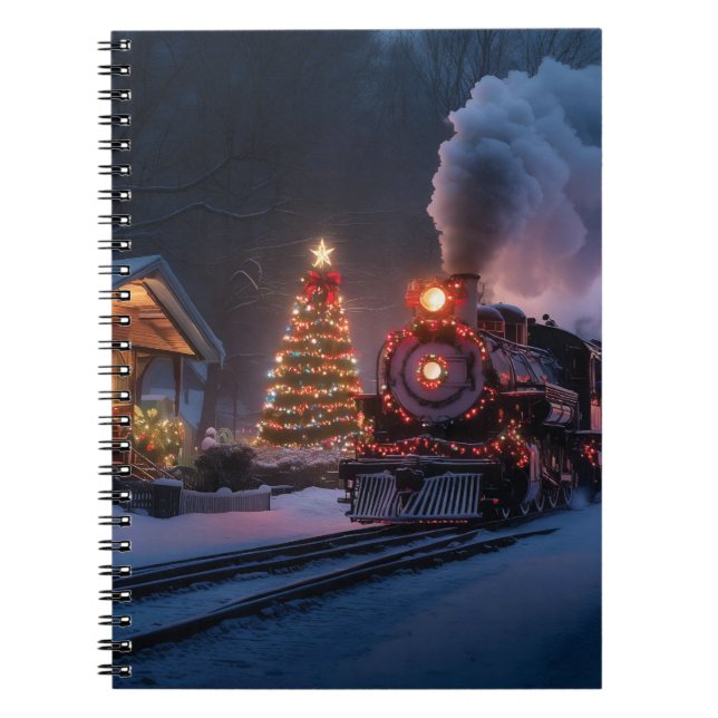Steam train going through a Christmas town Notebook (Front)