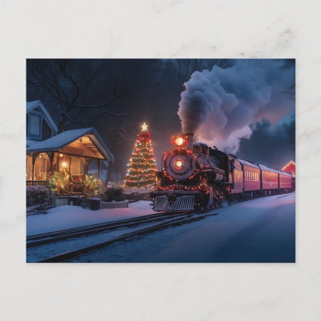 Steam train going through a Christmas town Postcard (Front)