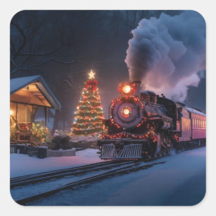Steam train going through a Christmas town Square Sticker