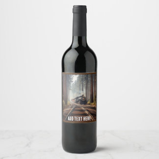 Steam Train going through a pine forest Wine Label