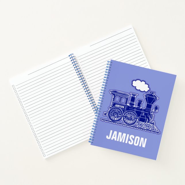 Steam train graphic in blue with custom name notebook (Inside)