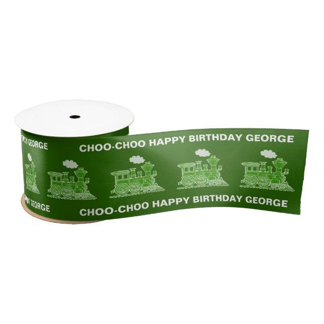 Steam train green railway birthday ribbon satin ribbon (Spool)