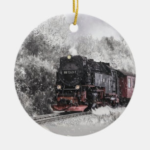Steam Train in Snow Ceramic Tree Decoration