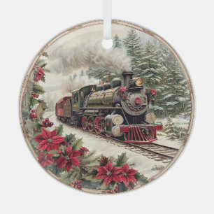 Steam Train in Snowy Pines – Classic Christmas Glass Tree Decoration