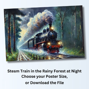 Steam Train in the Rainy Forest at Night, Railroad Poster