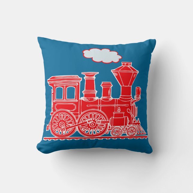 Steam train loco bright red blue throw pillow (Front)