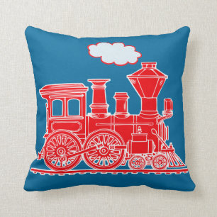 Steam train loco bright red blue throw pillow