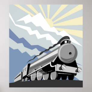 steam train locomotive travelling mountain scene poster