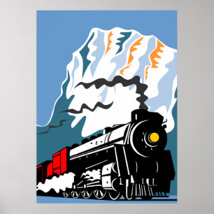 steam train locomotive travelling mountains scene poster