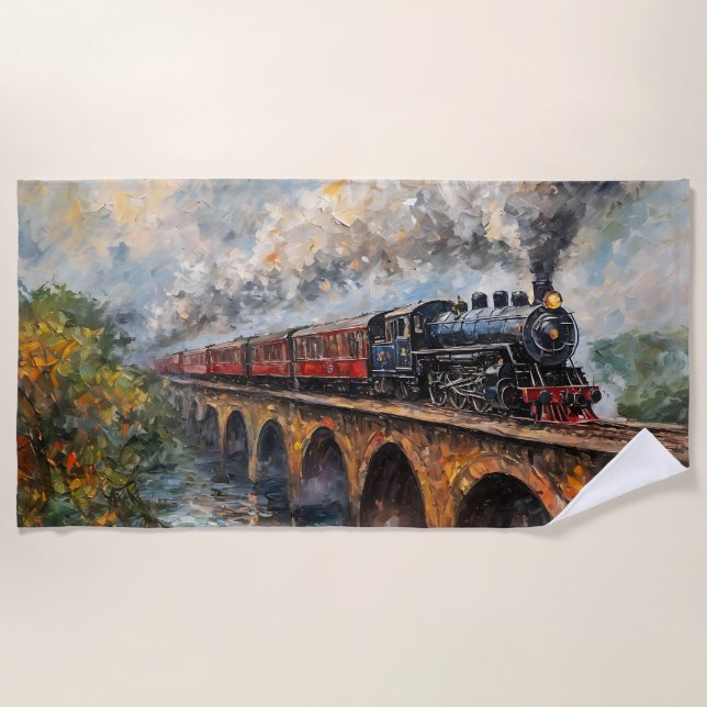 Steam Train on a Bridge - Oil Painting Beach Towel (Front)