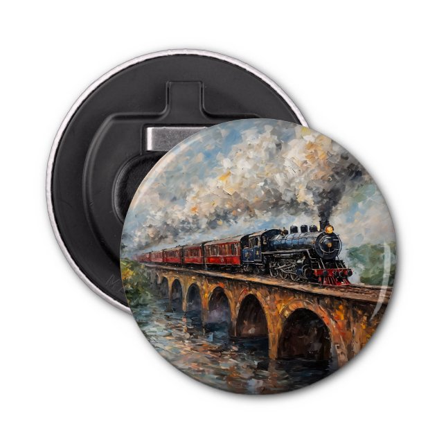 Steam Train on a Bridge - Oil Painting Bottle Opener (Front)