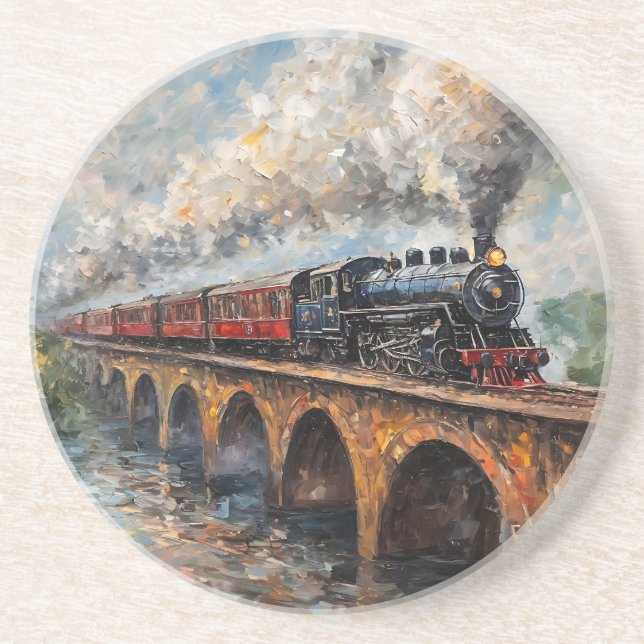 Steam Train on a Bridge - Oil Painting Coaster (Front)
